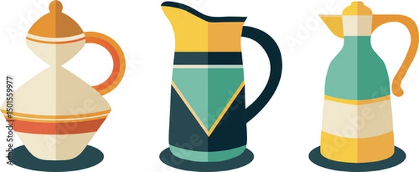Fototapeta Colorful Decorative Pitchers in Flat Design Style, Abstract Blue Particle Glow Futuristic Energy