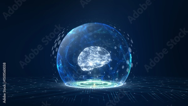 Fototapeta 3D digital brain hologram surrounded by glowing data and circuitry in a high-tech virtual reality environment, ideal for AI and technology concepts.