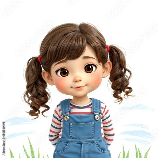 Fototapeta Cartoon characters childrens, Brunette Girl with Curly Hair and Overalls.