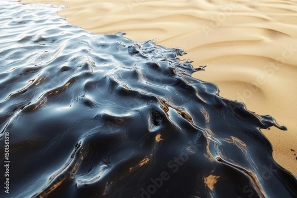 Fototapeta Crude oil fills the sandy beach with glossy black spills, creating intricate ripples in the natural texture and emphasizing the environmental damage caused by pollution