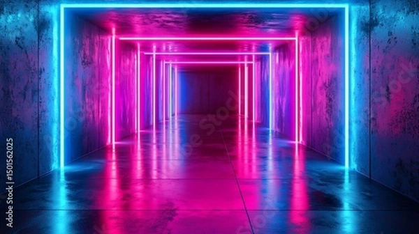 Fototapeta Neon-lit corridor with vibrant pink & blue glowing lines reflecting on a wet floor