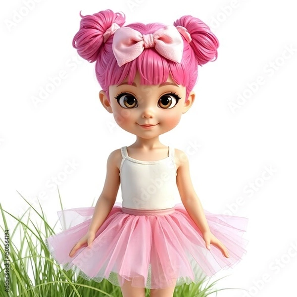 Fototapeta Cartoon characters childrens, Girl with Pink Hair Buns and a Tutu Skirt.