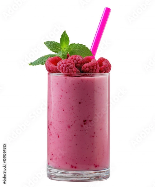 Fototapeta Vibrant raspberry smoothie in glass with mint and raspberries on transparent background