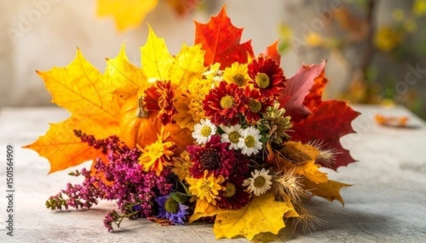 Fototapeta Vibrant Autumn Bouquet with Pumpkin on a Rustic Surface
