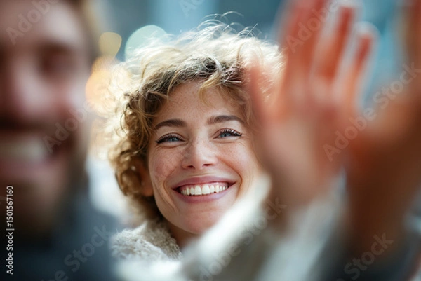 Obraz Joyful Woman Giving a High Five with Genuine Smile.  Positive energy, teamwork, and connection.