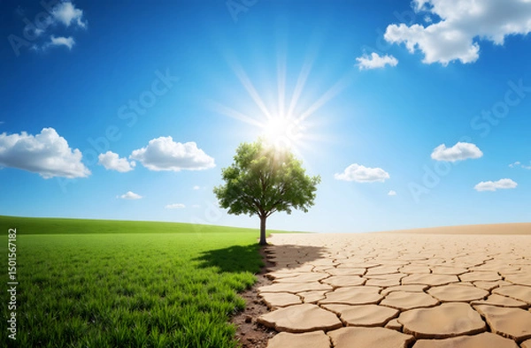 Fototapeta Lone Tree Between Green Field and Dry Land Divided by Climate Change, Save Nature Concept