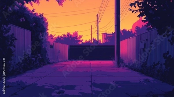 Obraz An alleyway at twilight displays a purple gradient scheme