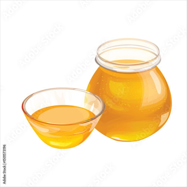 Obraz Illustration of transparent glass bowl and jar containing sweet fresh honey