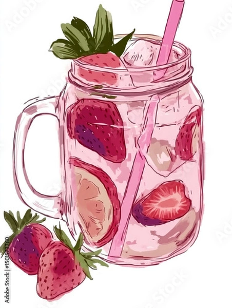 Obraz Summer pink refreshing fruit iced lemonade with strawberries, lemon, mint, ice, and a straw in a glass jar. Artistic watercolor illustration on white isolated background.