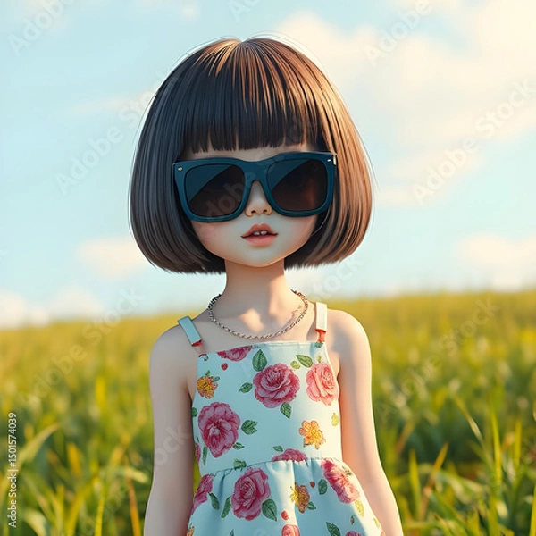 Fototapeta Cartoon characters childrens, Girl with Short Bob and Big Sunglasses.