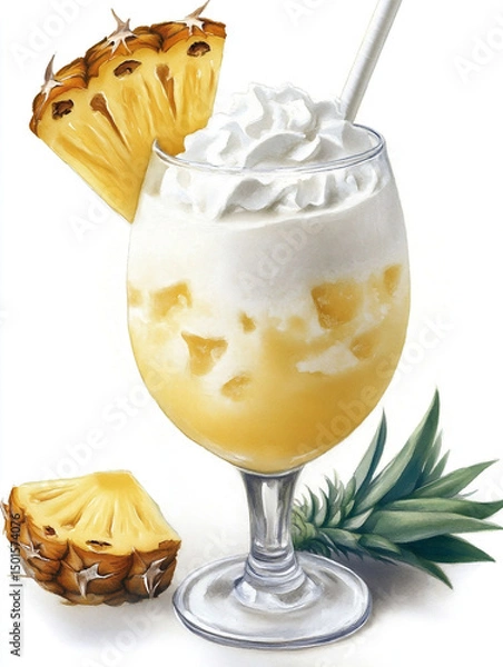 Obraz Watercolor illustration of a pina colada on white background. Refreshing cream yellow cocktail with ice, shake cream, pineapple slice and leaves, with straw. Summer drinks, bar menu, holidays.