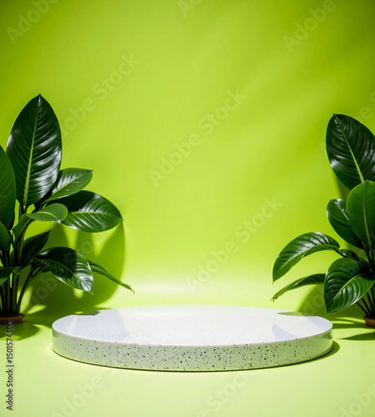 Fototapeta Minimal Product Display with Leaf and Green Wall Background for Natural Branding