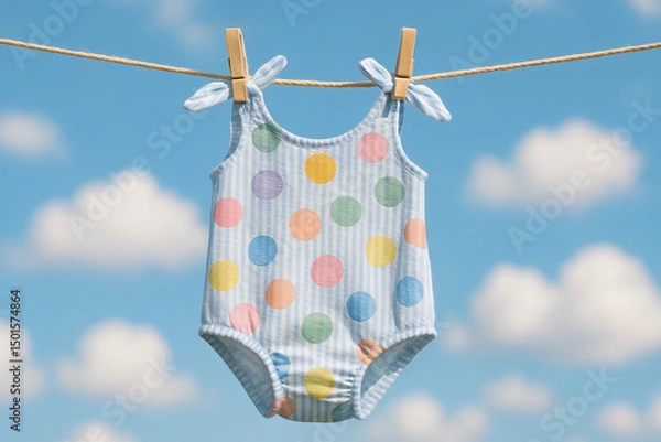 Obraz The swimsuit features light blue and white vertical stripes with large pastel polka dots in colors like pink, yellow, mint, purple, and blue. Suitable for a children's swimwear catalog, summer fashion