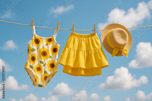 Obraz Charming summer set with sunflower print swimsuit, yellow tiered skirt, and straw hat with bow hanging on a clothesline under a bright blue sky with fluffy clouds
