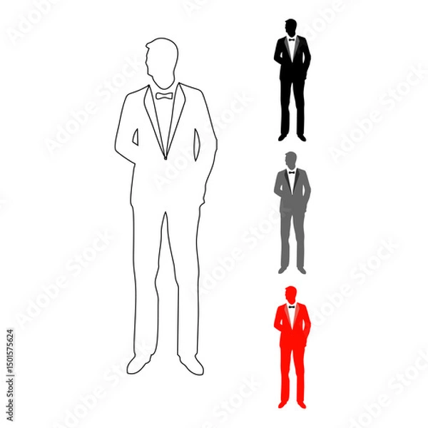 Fototapeta Fashion icon of an adult man turning his head to the side wearing a suit with a bow tie and his left hand in his pocket, line icon, black, dark white and red in color.
