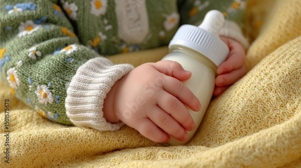 Fototapeta Close-up of Baby's Hands Holding Milk Bottle on Sunlit Blanket, Symbolizing Love and Safety in Cheerful Setting