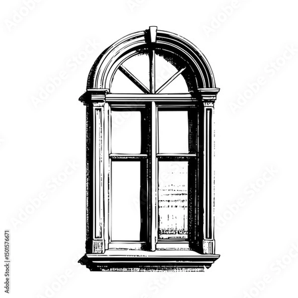 Fototapeta Retro window sketch engraving black and white outline. Scratch board imitation.  illustrated in vintage line art style on a white background.