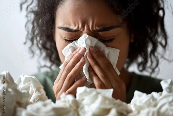 Fototapeta A person is blowing their nose into a tissue, visibly struggling with a cold, surrounded by a chaotic pile of used tissues that captures a relatable moment of ailment