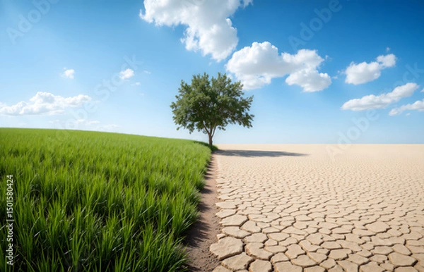 Fototapeta Green Field and Dry Land Divided Under Blue Sky with a tree in the middle.  Save Nature Environmental Concept