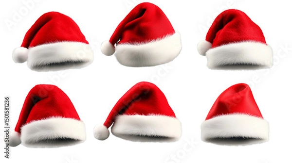 Fototapeta A set of classic red Santa hats in varied views representing Christmas cheer, isolated on a transparent background