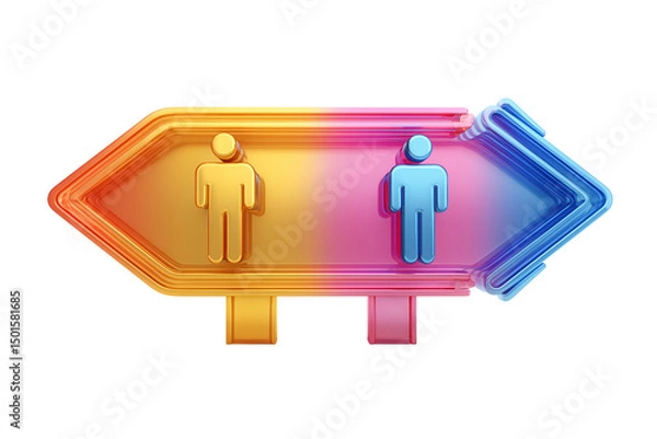 Fototapeta A set of colorful rainbow gradient 3D traffic signs with male symbols and directional arrows, symbolizing LGBTQ pride, isolated on a transparent background