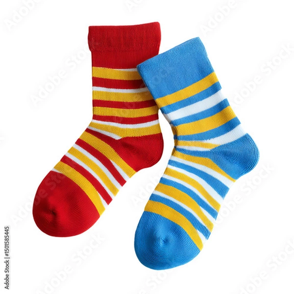 Fototapeta Vibrant patterned socks, a colorful addition to everyday wear. The socks are arranged against the clean, isolated space, showcasing their stripes and hues