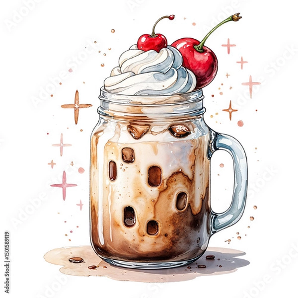 Fototapeta Whimsical Iced Coffee with Whipped Cream and Cherry in Mason Jar – Cute Watercolor Style cup of coffee with cherry