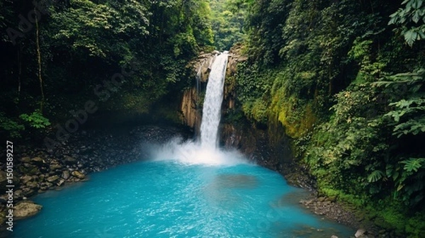 Obraz Lush Rainforest Waterfall Cascading into Turquoise Pool