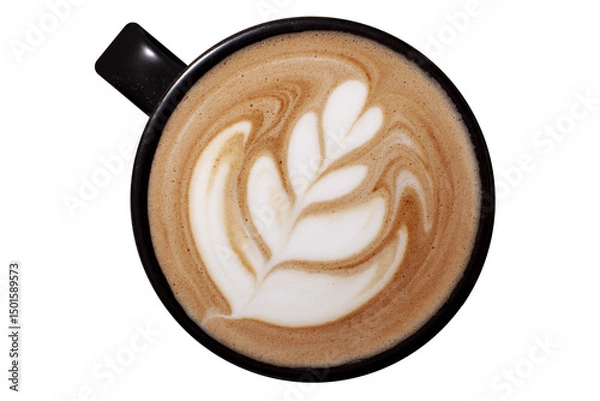 Obraz A black ceramic cup filled with cappuccino, topped with creamy milk foam and a leaf-shaped latte art pattern. The design gently swirls toward the center, creating a soft marbled effect.