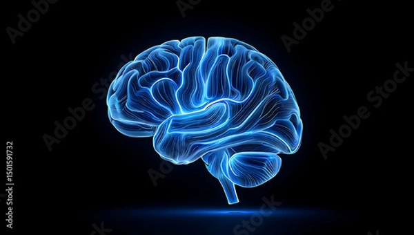 Fototapeta 3d rendering of human brain, complex neural network, digital technology, futuristic blue light, black background