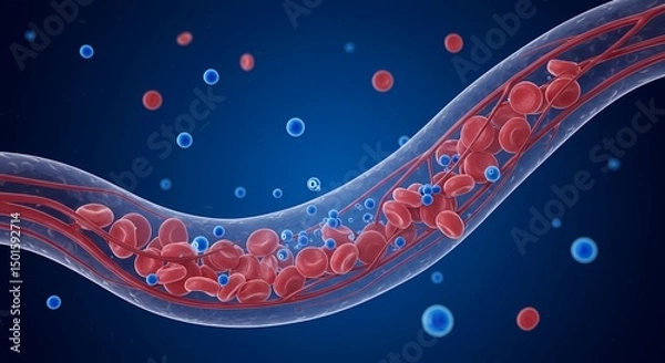 Fototapeta Microscopic View of Blood Flow in a Vessel