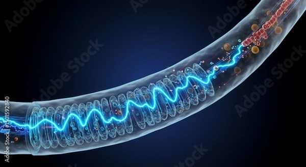 Fototapeta Microscopic Cellular Energy Transmission: A 3D Render of  Electrical Impulse Through a Neuron