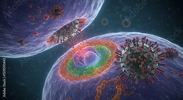Fototapeta Cellular Infection: Microscopic View of Virus Entering Cell