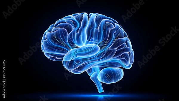 Fototapeta 3d rendering of human brain, complex neural network, digital technology, futuristic blue light, black background