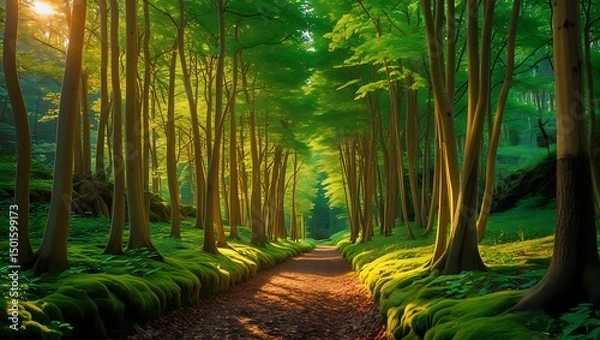 Fototapeta Enchanting Forest Path with Sunlight Filtering Through Lush Green Trees