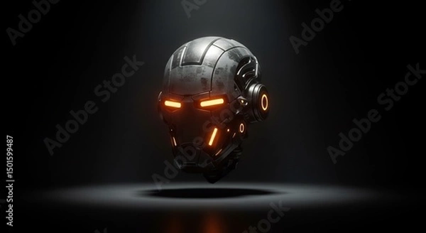 Fototapeta Robotic Head with Glowing Orange Eyes in Dark Setting