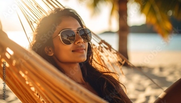 Fototapeta A cinematic close-up of a young lady wearing sunglasses, relaxing in a hammock on a sunny beach, basking in dramatic lighting and ocean breeze, capturing a serene, stylish moment of carefree joy