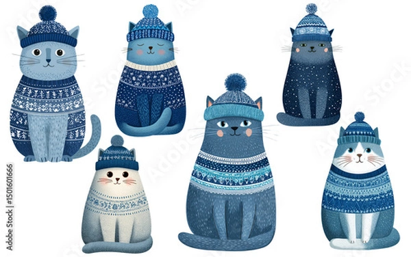Fototapeta Flat vector winter cat wearing knit hat, blue tones and soft expression