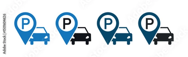 Fototapeta Parking Location Pin with Car Icon Set, Vector GPS Map Marker for Vehicle Parking, Navigation App, City Guide, Travel Planner, Urban Locator Symbol