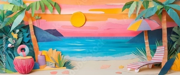 Fototapeta Bright and whimsical paper collage design shows a picturesque beach with palm trees, gentle waves, and a stunning sunset. Ideal for evoking summer vibes and creativity