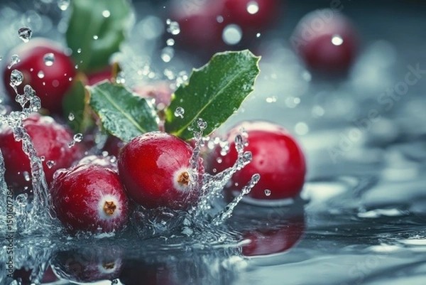 Fototapeta Fresh cranberries with green leaves are splashing in cool, clear water. Use this image for holiday recipes and healthy living concepts.
