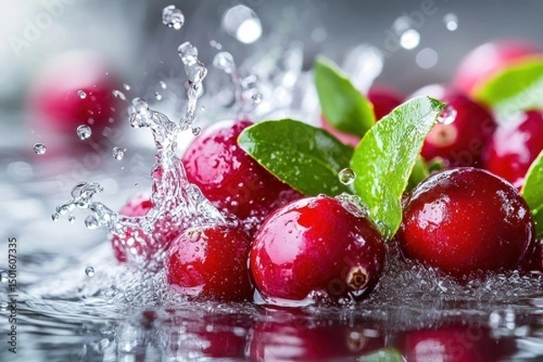 Fototapeta Fresh cranberries with green leaves are splashed with clear water. It can show healthy eating, or use for your food and drink ads.