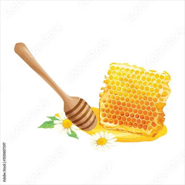 Obraz illustration of honeycomb and honey dipper with melted honey