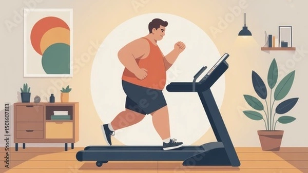 Obraz Overweight Man on Treadmill in Home Gym – Motivational Fitness Poster Generative AI