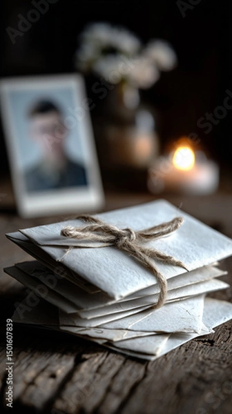 Obraz Stack of Old Letters with Candlelight and Portrait – Memory and Tribute