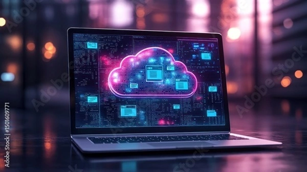 Fototapeta Neon cloud computing concept shown on a laptop screen. Digital data and network technology