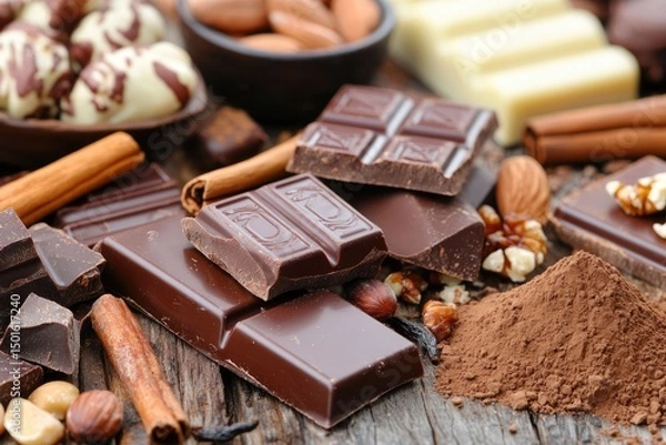 Fototapeta Assorted chocolates and nuts on a rustic wooden surface