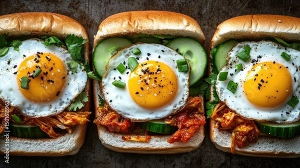 Fototapeta Fried Egg Sandwiches with Cucumber and Kimchi