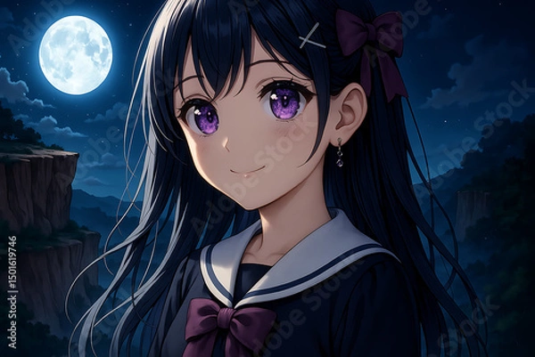Fototapeta Beautiful anime girl with long black hair and purple eyes in a school uniform stands under a glowing full moon by a cliff, surrounded by a serene starry night and mystical mountains.
