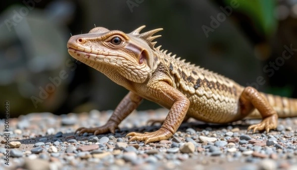 Fototapeta Lizard resting on a gravel surface in natural light.